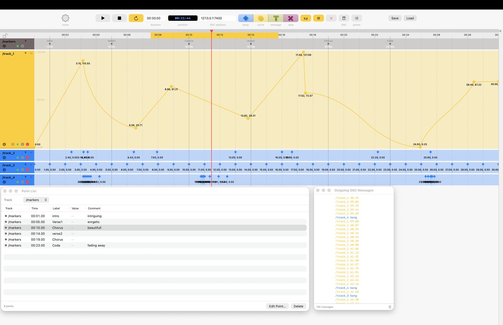 OSCcourier Points List window and Outgoing OSC Messages console